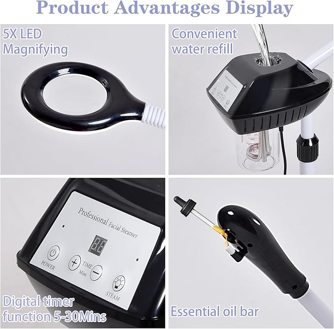 Professional Facial Steamer, 2 in 1 Facial Steamer with 5X Magnifying Lamp for Deep Cleansing and Hydration, Face Steamer on Wheels with Time Setting, Estheticians Steamer for Spa, Salon and Home Use