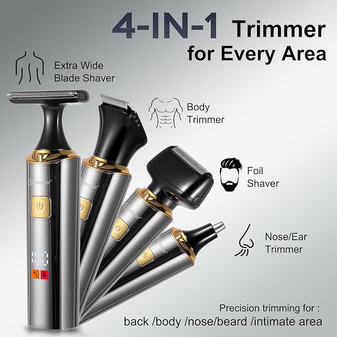 Electric Mens Back Shaver Body Trimmer Hair Groomer 4 in 1 Kit with Extendable Auxiliary Arm Waterproof Facial,Chin,Arm,Back,Pubic Hair Trimmer Grooming Set
