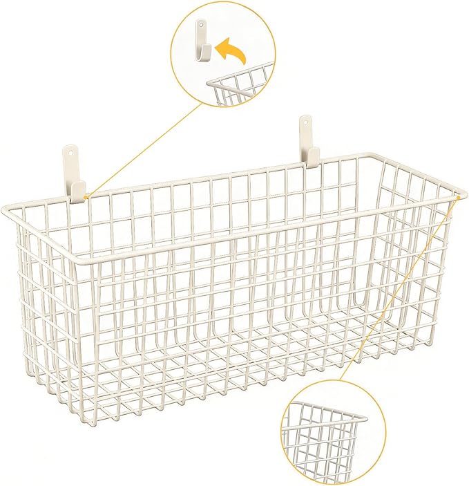 2 Sets Extra Large Hanging Wall Basket, White Metal Wire Baskets with Steel Hooks for Organizing, WallmountedFruit Vegetable Toy Snack Storage, Home Kitchen Bathroom Laundry Pantry Organizer