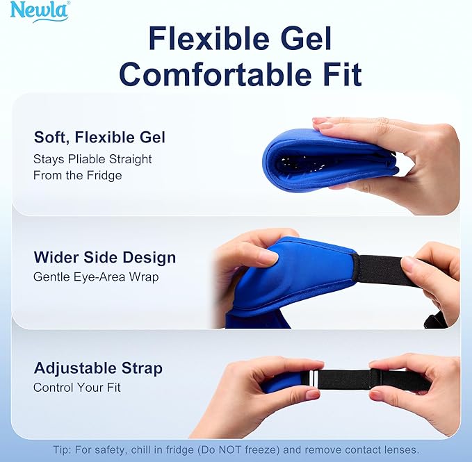 Cooling Gel Eye Mask, Contoured Cold Compress for Eyes, Reusable Cold Eye Mask for Puffy Eyes, Tired Eyes & Eye Strain, Fsa Eligible Items HSA for Eye Care Self Care, Ice Gel, Adjustable Strap (Blue)