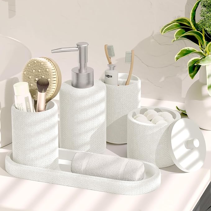 Clara Clark Bathroom Set - White Bathroom Accessories Set, 24PC Bathroom Accessory Set, Bathroom Sets with Shower Curtain Set, Adhesive Corner Shower Caddy Hanging & Soap Dispenser