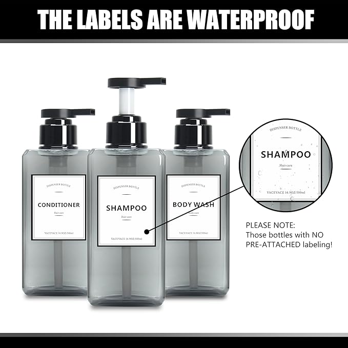 Soap Dispenser Bottle with Pump, YACEYACE 25oz Set of 3 Clear Grey Large Capacity Soap Dispenser Bottles Set, Shampoo Dispenser Bottles with Label
