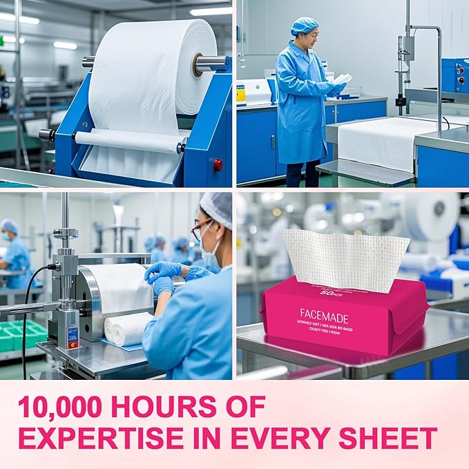 FACEMADE 50 Count (Soft Pack) Disposable Travel Towels, Ultra Thick Face Towels Disposable, Clean Facial Towels for Makeup Remover, Skincare, USDA Certified 100% Biobased