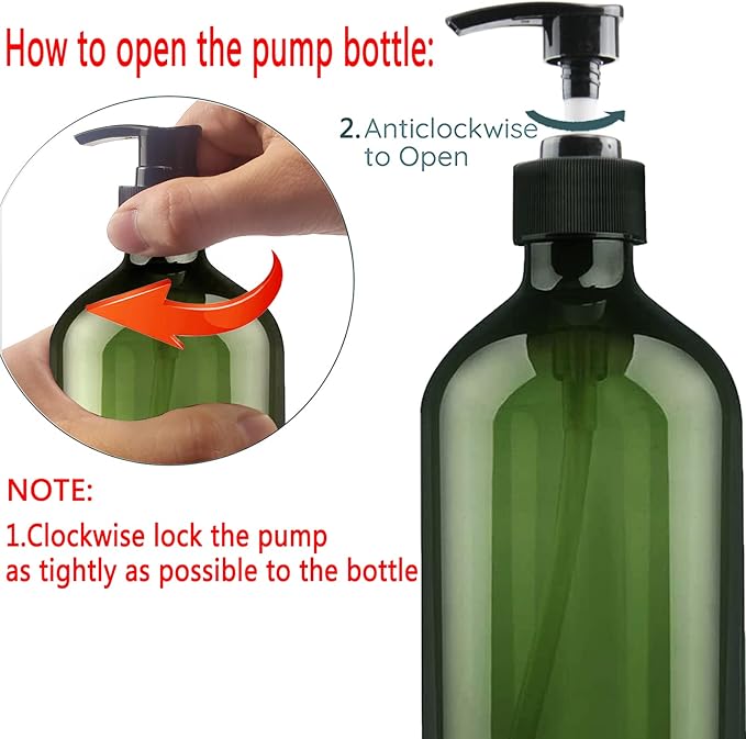 Empty Plastic Bottles with Pump Dispenser and Labels Included, Refillable Travel Containers for Hand sanitizer Shampoo Lotion, etc - No BPA/Parabenf, 500ml/16.9oz (Green, 6 Pack)