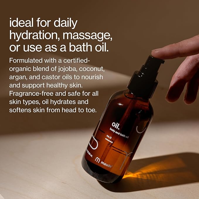 Maude Oil No. 0 - Hydrating Organic Massage + Body Oil - Skin Moisturizer with Jojoba, Coconut + Castor Oil - Rich in Vitamin B + Vitamin E - Relaxing Self Care Gifts (4 fl oz)