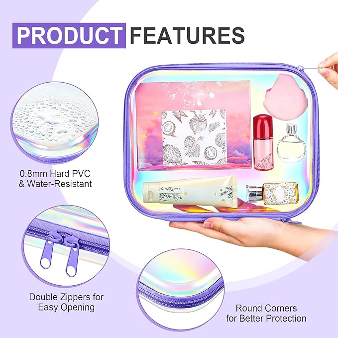Hoolerry 4 Pcs Hard Clear Zipper Case Makeup Bags Plastic Zipper Pouch Transparent Storage Box Containers for Cosmetics, Snacks, Building Blocks, Puzzles(Clear,9.8 x 7.9 x 2 in,Purple Laser)