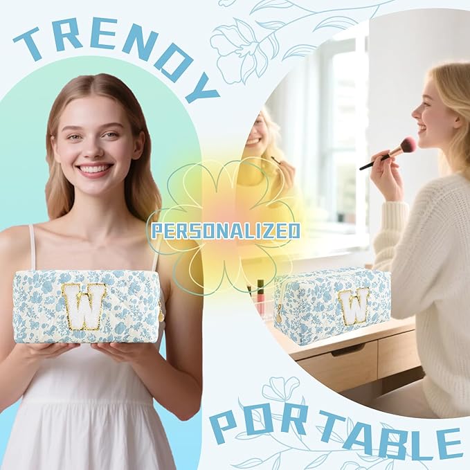 Personalized Quilted Cosmetic Bag, Puffy Monogrammed Christmas Birthday Gifts for Women & Girls, Cute initial Floral Makeup Bag Puffer Coquette Bag, Aesthetic Travel Toiletry Zipper Pouch(Blue,W)