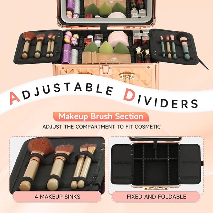 Leeora&Leekoo Makeup Box with Lighted Mirror,Portable Makeup Train Case Organizer (Rose Gold)