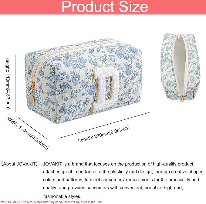 JOVAKIT Alphabet Makeup Bag Cosmetic Bag for Women, Christmas Gifts for Girls Age 6-18, Floral Flowers Coquette Travel Toiletry Zipper Make Up Pouch Organizer Trendy Stuff (Blue Floral D)