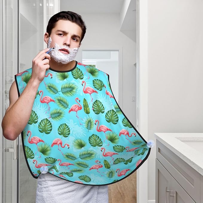 Non-Stick Beard Bib for Shaving, Mint Green Palm Banana Leaves Lovely Exotic Bird Pink Flamingo Shave Bib, Waterproof Hair Catcher with Suction Cups, Grooming Apron Men Husband
