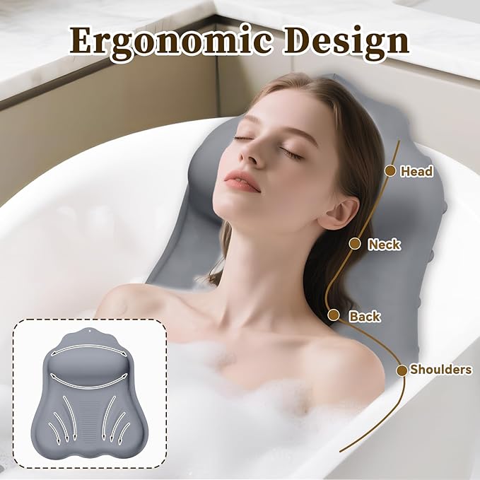 Luxury Silicone Bath Pillow for Tub, New Cloud-Soft 4D Air-Cushion Bathtub Pillow for Head and Neck & Back Support, Strong Suction Cups, Waterproof Quick-Dry Bathtub Headrest (Gray)