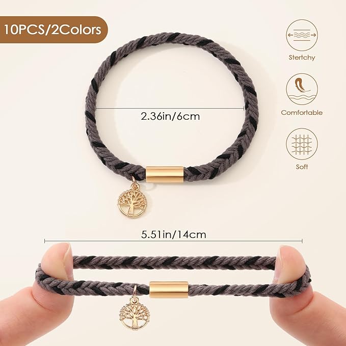 10 PCS Boho Hair Ties - No-Damage, 5 Styles for Thick & Thin Hair, Cute Stretch Bracelets, Braided Ponytail Holders, Grey