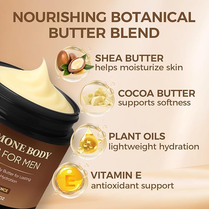 Pheromone Body Butter For Men, Skin body butter for men with Shea Butter, Cocoa Butter & Coconut Oil, Alcohol-Free, Vega, Long-Lasting Masculine Scent, Non-Greasy