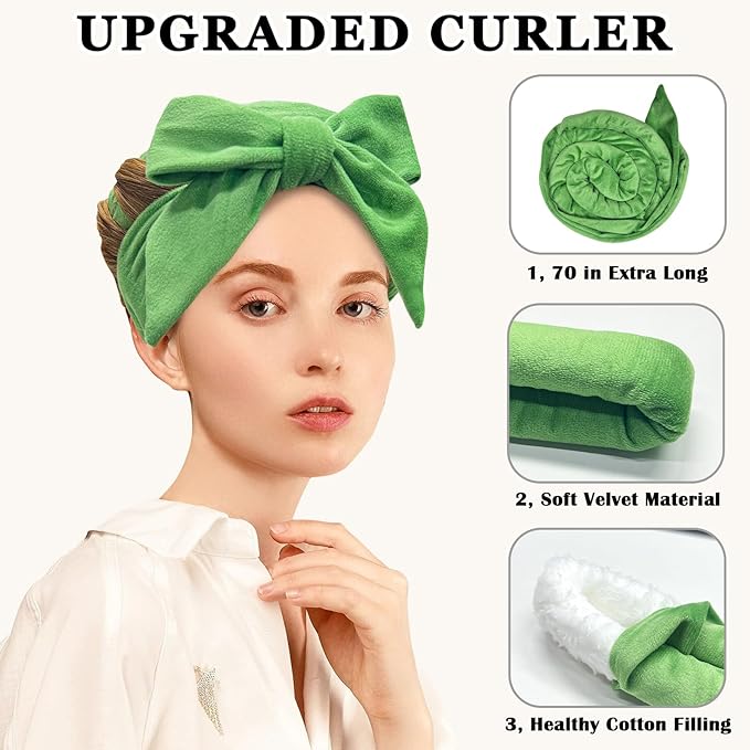 Heatless Curls Overnight Hair Curlers to Sleep In, 9 PCS Velvet Heatless Hair Curler Overnight Curls for Women Long medium Hair Volumes, Heatless Curling Waves Set with Sleep Bonnet - Green