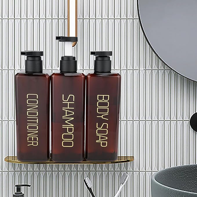 Shampoo and Conditioner Dispenser Shower Soap Bottles 3 Pack 550ml/18.6oz Refillable Shampoo Pump Bottle Dispenser Plastic Empty Body Wash Dispensers with Stylish Permanent Labels for Bathroom (Brown)