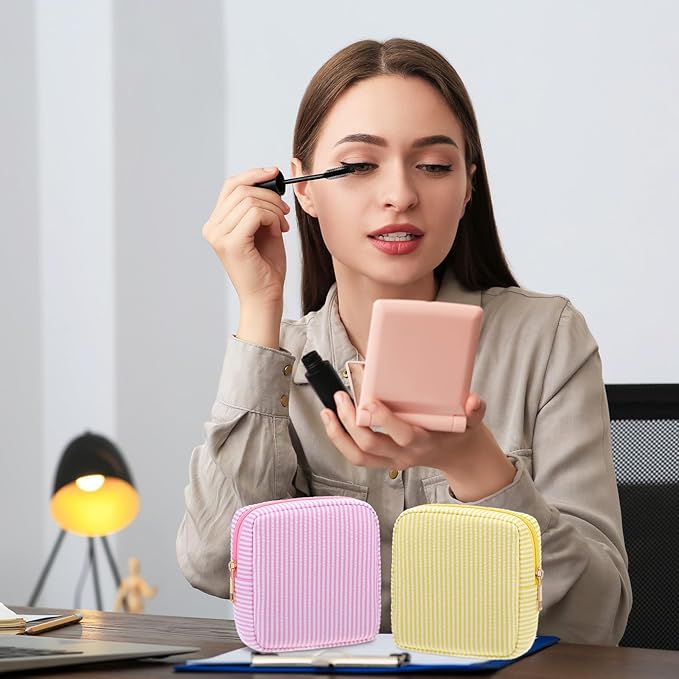 Sanwuta 6 Pcs Seersucker Cosmetic Bag Bulk Pinstripe Makeup Bag for Women Aesthetic Cute Travel Toiletry Organizer Preppy Storage Pouch for Wedding Bridesmaid Christmas Gift(Small,Pastel Color)