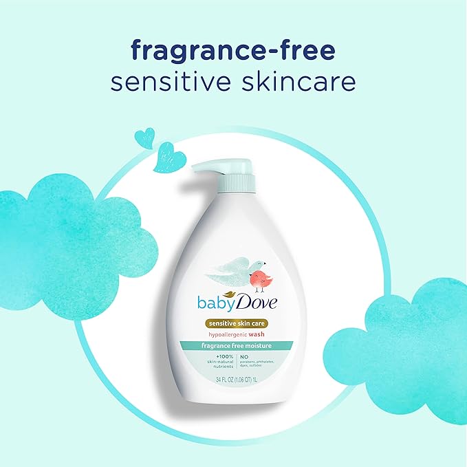 Baby Dove Sensitive Skin Care Baby Wash Fragrance Free Moisture For Baby Bath Time Fragrance Free and Hypoallergenic, Washes Away Bacteria 34 oz (Pack of 3)