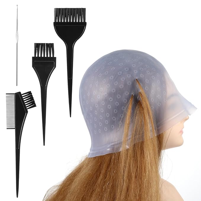 SHENLIU Punched Silicone Highlight Hair Cap with Needle Brushes Set,Reusable Highlighting Poked Hole Hooks for Salon Color Hairdressing Dyeing Staining Tools for Women Men(Blue)