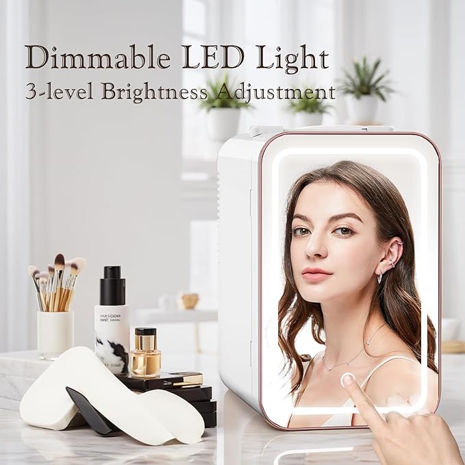 Mini Fridge for Bedroom, 6L Skincare Fridge with LED Mirror for Dorm & Office, Portable Cooler & Warmer Small Compact Refrigerator for Skincare, Makeup and Cosmetics