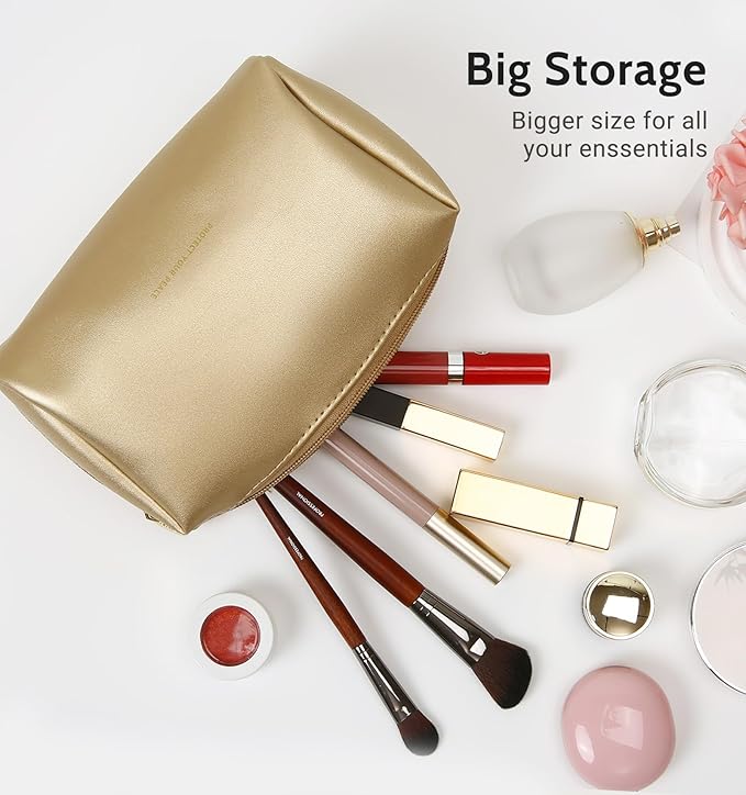 Aveniee Small Travel Makeup Bag, Vegan Leather Cosmetic Pouch for Purse,Wide-open Toiletry Organizer with Dividers & Zipper, Beauty Storage for Women-Gold