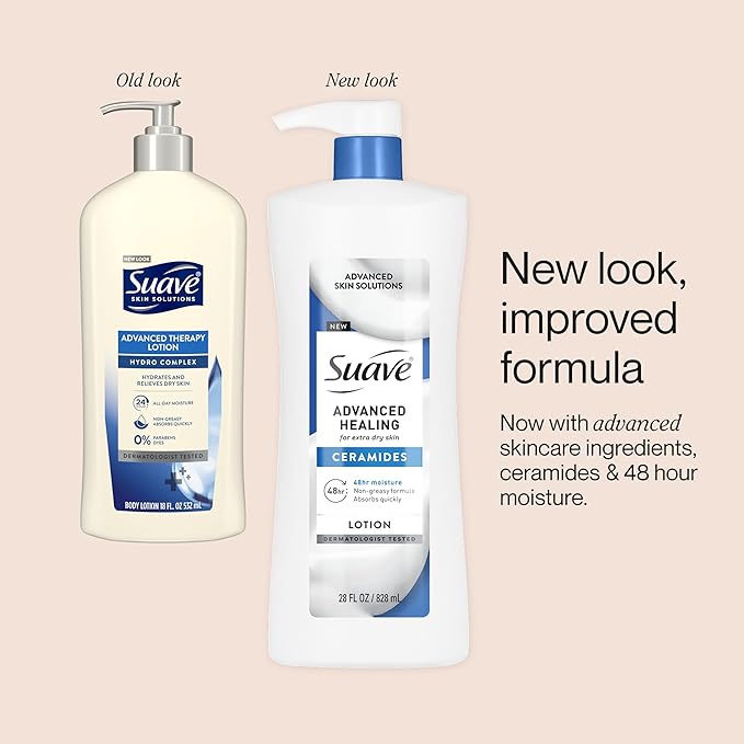 Suave Advanced Healing Hand & Body Lotion for Women With Ceramides for Very Dry Skin, Hydrating, Non-Greasy, Allergen-Free Moisturizing Cream, Lightly Scented, 28 FL OZ Pump, 4 Pack
