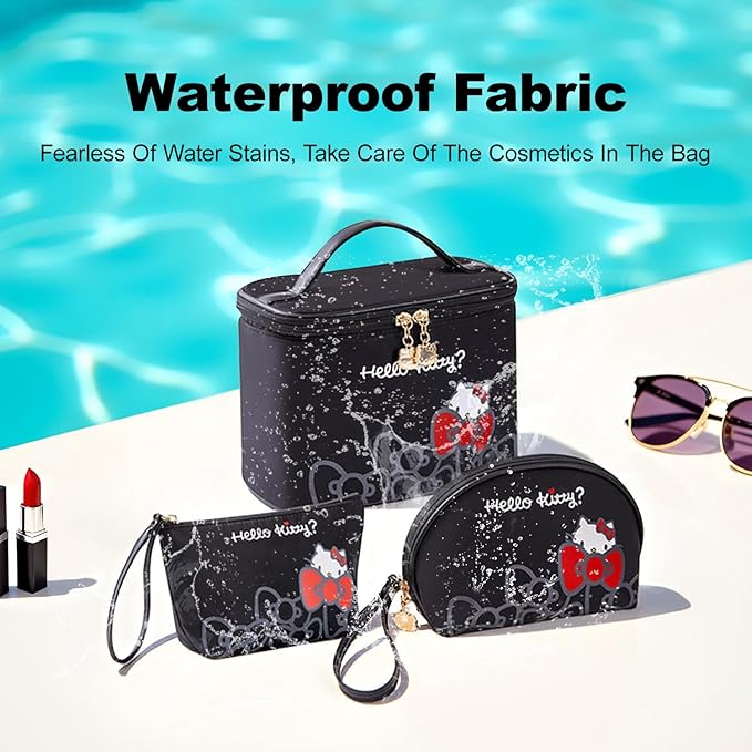 Vimanllie Travel Makeup Bag Large Cosmetic Bags with Brush Holder,Black Waterproof 3PCS Portable Cosmetic Case for Women,Toiletry Bag for Skincare&Beauty Tools for Her