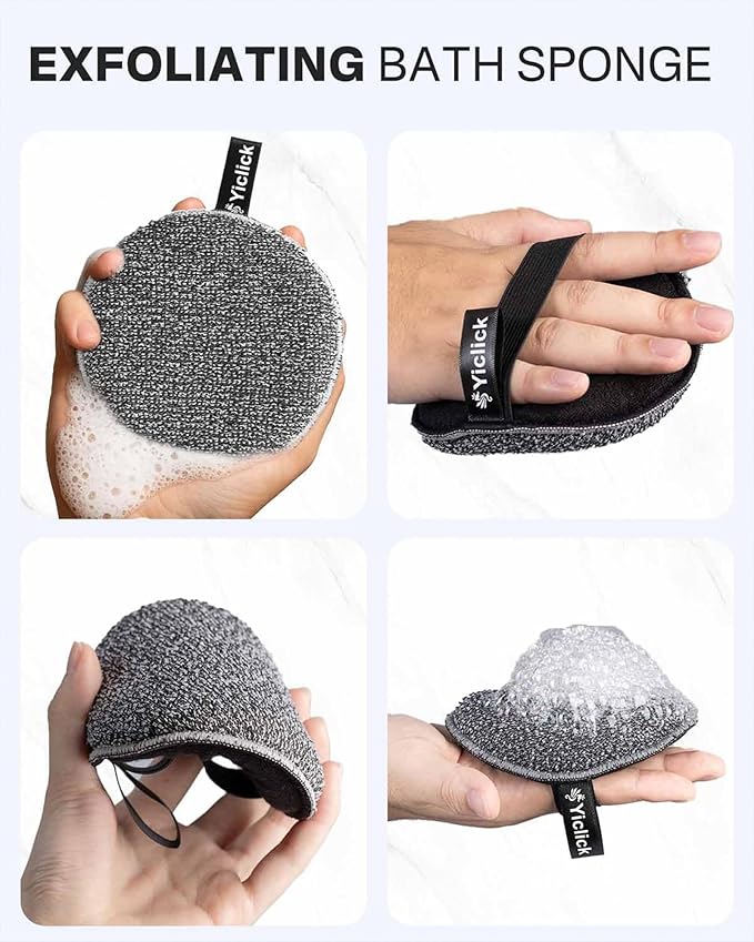 Yiclick Exfoliating Body Scrubber (2 Pack), Body Exfoliator Scrubber, Exfoliating Sponge for Shower Bath, Shower Loofah Luffa Lufa with Handle, Dead Skin Exfoliator for Body Scrub, Men Women