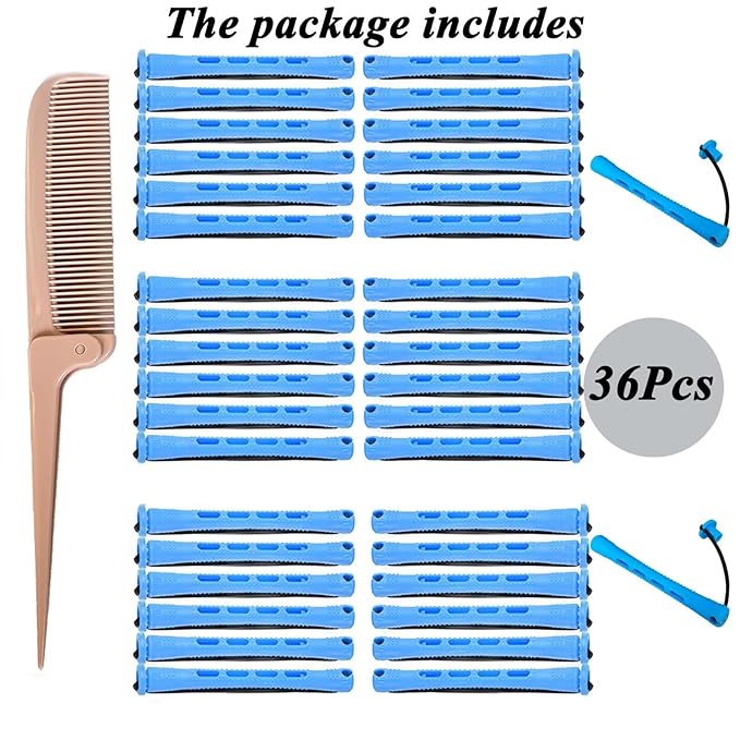 Perm Rods Set for Natural Hair - 36pcs Blue Cold Wave Rods Plastic Hair Rollers for Short Long Hair Curling Rod with Rat Tail Comb(36pcs Blue)
