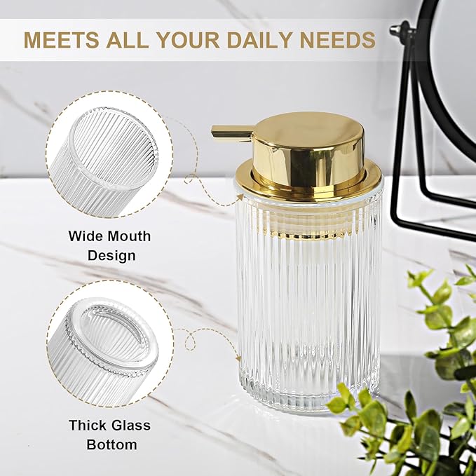 Foaming Soap Dispenser, 11 Fl Oz Clear Glass Foam Hand Soap Dispenser for Bathroom & Kitchen, Refillable Foaming Bottle with Gold Pump, Modern Ribbed Dish Soap Foam Dispenser