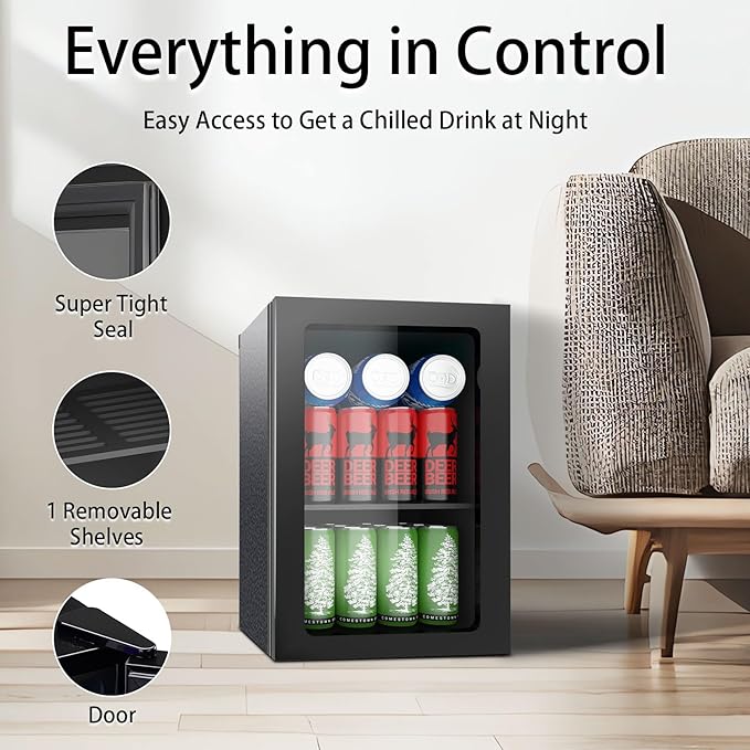 Stopasd Beverage Refrigerator Cooler, 0.9 Cu.Ft/24 Can Drink Fridge with Adjustable Shelves & Clear Door for Soda Wine Beer, Countertop Mini Fridge, Compact Design for Home/Office/Bar (40-61 ℉), Black