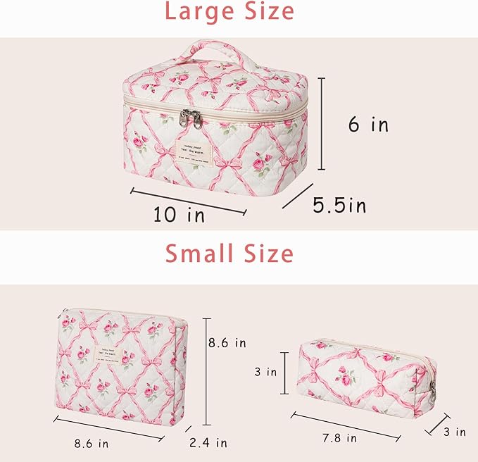 uekeboag 3Pcs Quilted Cotton Makeup Bag,Coquette Quilted Toiletry Bag for Women and Girls,Floral Coquette Pouch,Cute Kawaii Travel Cosmetic Bags(3Pcs Pink Bow)