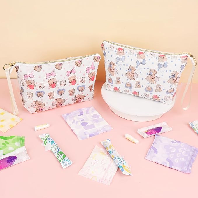 Period Bag for Teen Girls, Quilted Sanitary Napkin Storage Bag, Cute Bears Menstrual Pad Pouch Tampon Holder (Large-Pink)