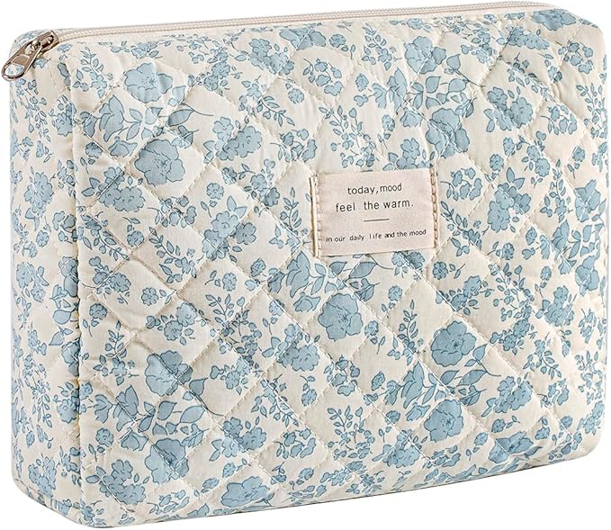 uekeboag Quilted Cotton Makeup Bag,Coquette Quilted Toiletry Bag for Women and Girls,Floral Coquette Pouch,Cute Kawaii Travel Cosmetic Bags(05Light Blue Flower)