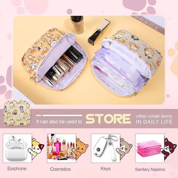 Period Bag Pouch, Canvas Sanitary Napkin Storage Bag for Girls Womens, Portable Sanitary Napkin Period Pad Pouch for Purse, Small Make Up Bags(Khaki Cat)