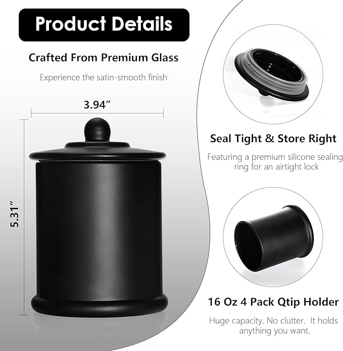 4 Pack Bathroom Organizers and Storage - 16 Oz Glass Qtip Holder & Cotton Pad Dispenser with Lid, Apothecary Jars for Home, Room Decor, Kitchen Organizer (Black)