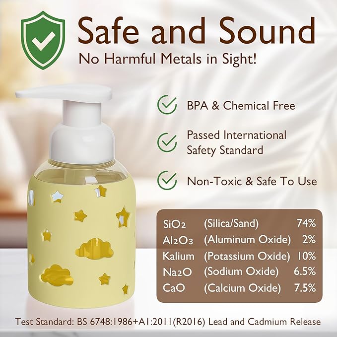 SoCal Suds & Company Foaming Hand Soap Dispenser Glass, Liquid Soap Pump with Cloud & Star Sleeve, Refillable Bottle for Kids, Baby Wash & Shampoo, Ideal for Bathroom & Kitchen Use, Light Yellow, 8oz