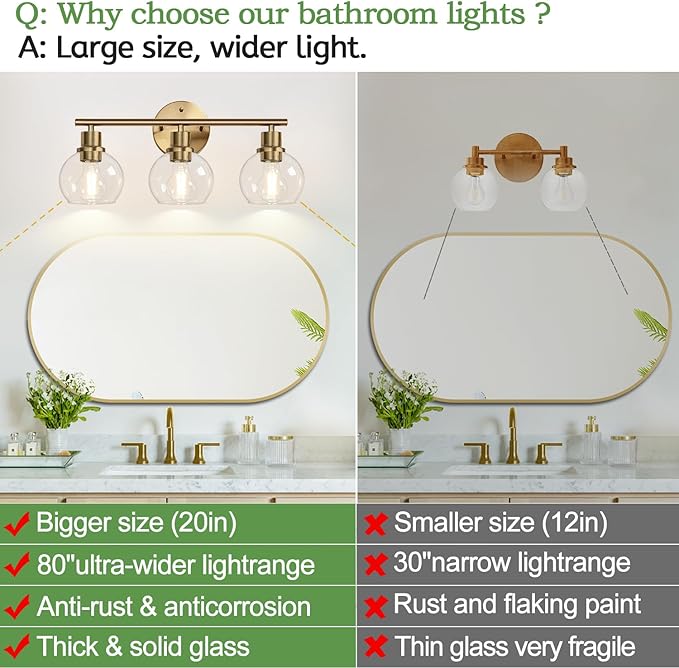 3-Light Bathroom Light Fixtures, Brushed Brass Bathroom Lights Over Mirror with Clear Glass Globe Shade, Vanity Lights for Bathroom Kitchen Living Room Hallway Cabinet Bedroom Porch