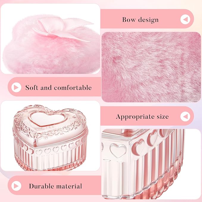 Tioncy 3 Pcs Large Body Powder Puff and Container Mother's Day Gift Powder Container with Puff Crystal Case Soft Washable Reusable Velour Face Body Glitter Wet Dry Makeup(Pink, Heart)