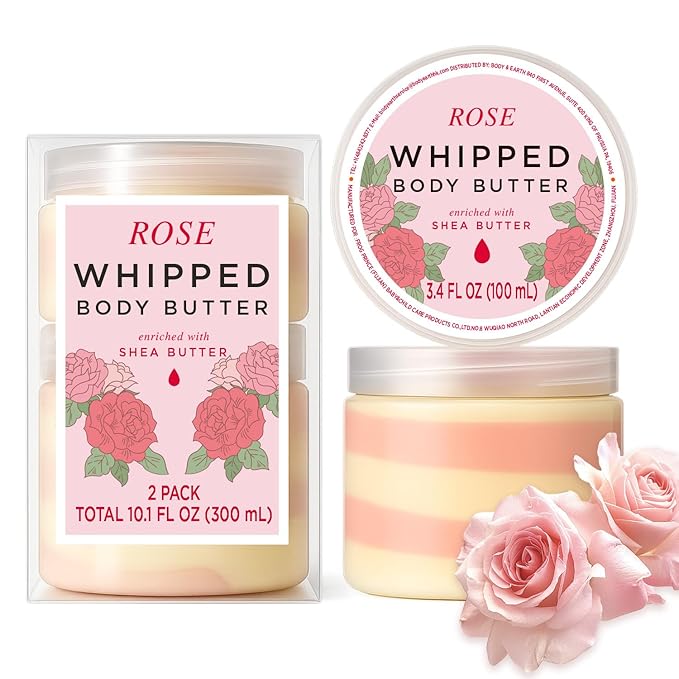Princess Belle Rose Whipped Shea Body Butter, Body Moisturizer for Dry Skin, Smell Good, Rose Gifts for Women-2 Pack (3.4floz + 6.8 floz)