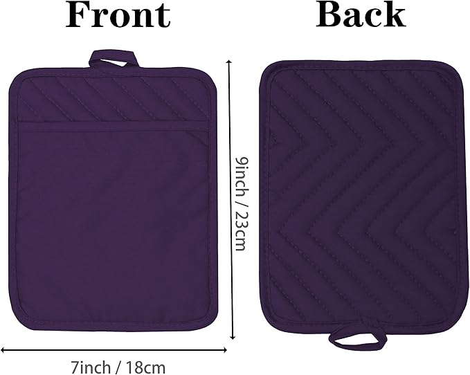 Cotton Pocket Pot Holders Machine Washable Heat Resistant Hot Pads for Kitchen Square Purple Oven Mitts 7"x9" Set of 3