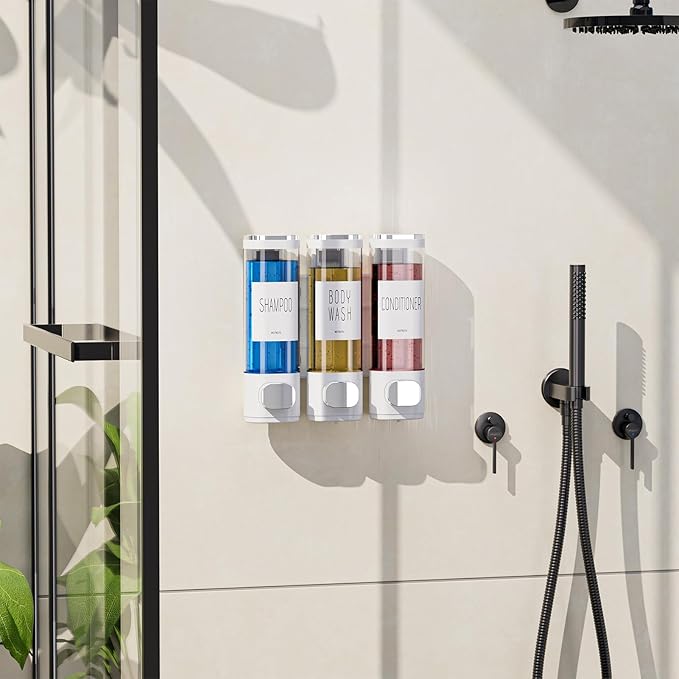 VITVITI Shampoo and Conditioner Dispenser for Shower Wall, Shower Soap Dispenser 3 Chamber No Drill Wall Mounted, 10.2 OZ Plastic Refillable Shower/Body Wash Bottles for Bathroom (White)