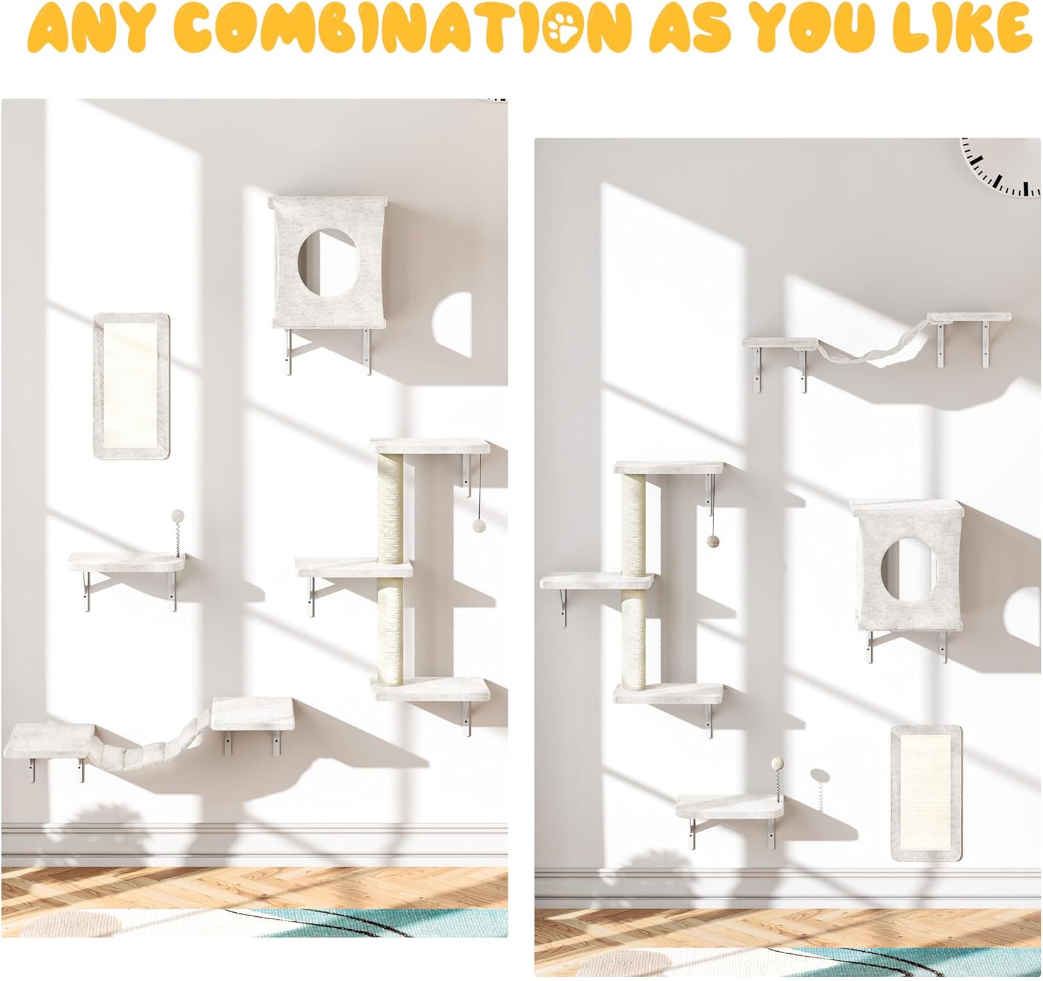 NUNU LAB Cat Wall Shelves, 10-in-1 Wall-Mounted Cat Furniture Set, Large Cat Climber Set with House, Bridge, Steps, Scratcher, DIY Playground, Shelves for Indoor Wall Furniture Set - Beige