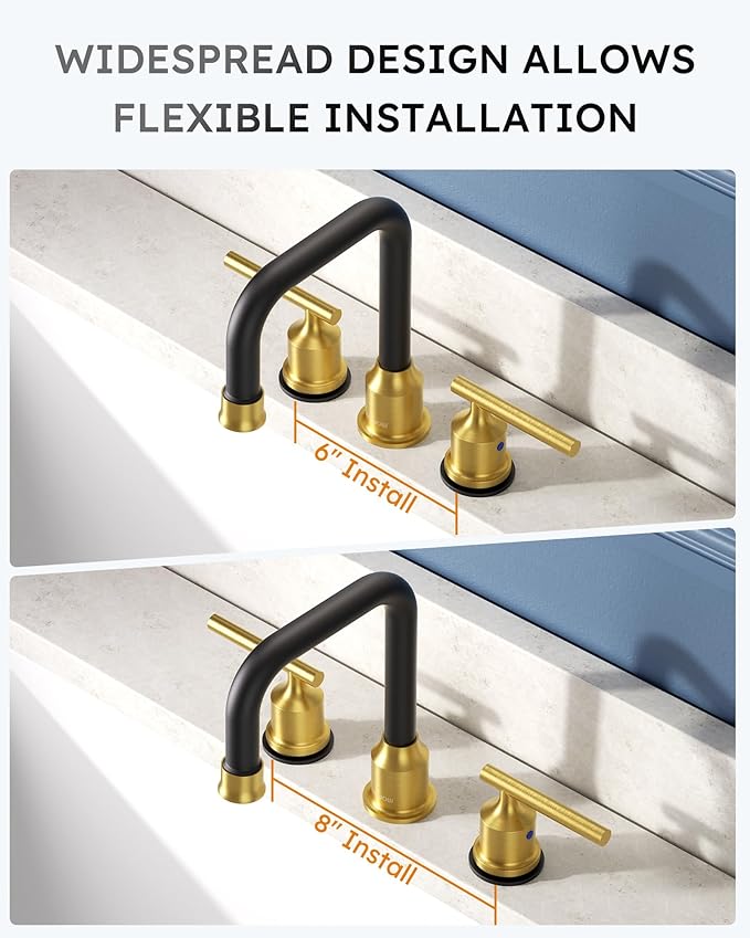 Black and Gold Bathroom Faucet: WOWOW Widespread Bathroom Sink Faucet 3 Hole with Pop-up Drain and Supply Lines, 8 Inch Vanity Taps 3 Pieces Basin Tap 2 Handle Modern (2 Pack)