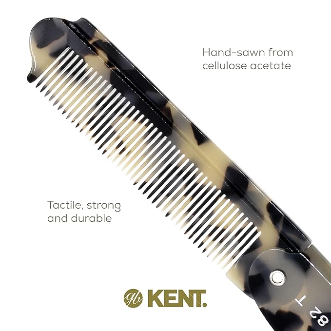 Kent 82T TW Handmade Folding Pocket Comb for Men, Fine Tooth Hair Comb Straightener for Everyday Grooming Styling Hair, Beard or Mustache, Use Dry or with Balms, Saw Cut Hand Polished, Made in England