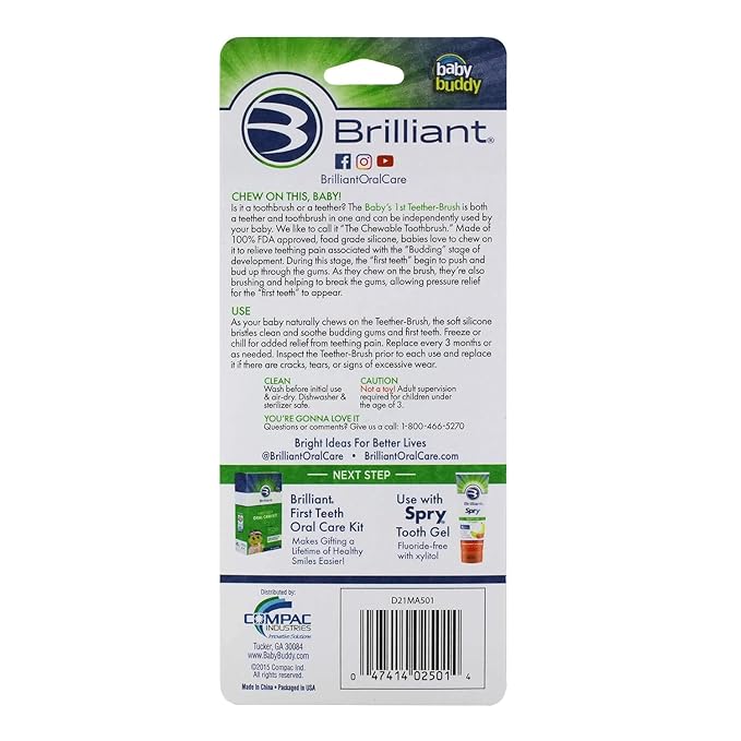 Brilliant Oral Care Baby’s First Toothbrush, Smooth Silicone Bristles Gently Clean Tender Teeth and Gums, for Ages 4+ Months, Clear, 2 Pack
