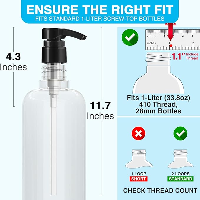 12-Pack Shampoo Pumps for Liter 33.8 oz Shampoo and Conditioner, Pump Dispenser Fits Most Salon Bottles with 1.1 inch Wide Opening, Black & White Replacement Pump for Soft Hair Products, Body Wash
