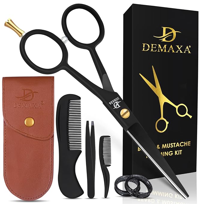 5" Professional Mustache Scissors Beard Scissors for Men with Fine tip Tweezers 1 Mustache Comb 1 Beard Comb & Pouch – Beard Trimming kit & Mustache Kit (Black Shears With Tweezer)