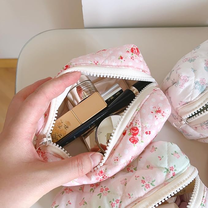 Floral Makeup Bag Pink Small Cotton Quilted Cosmetic Bag Organizer, Aesthetic Cottagecore Preppy Portable Pouch Purse Toiletry Bag for Women Girls Travel accessories