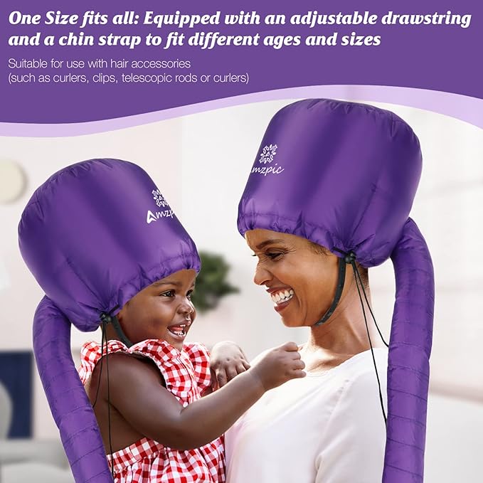 Bonnet Hood Hair Dryer Attachment - Soft, Adjustable Extra Large Bonnet Hair Dryer for Speeds Up Drying Time at Home, Easy to Use for Styling, Curling and Deep Conditioning (Purple)