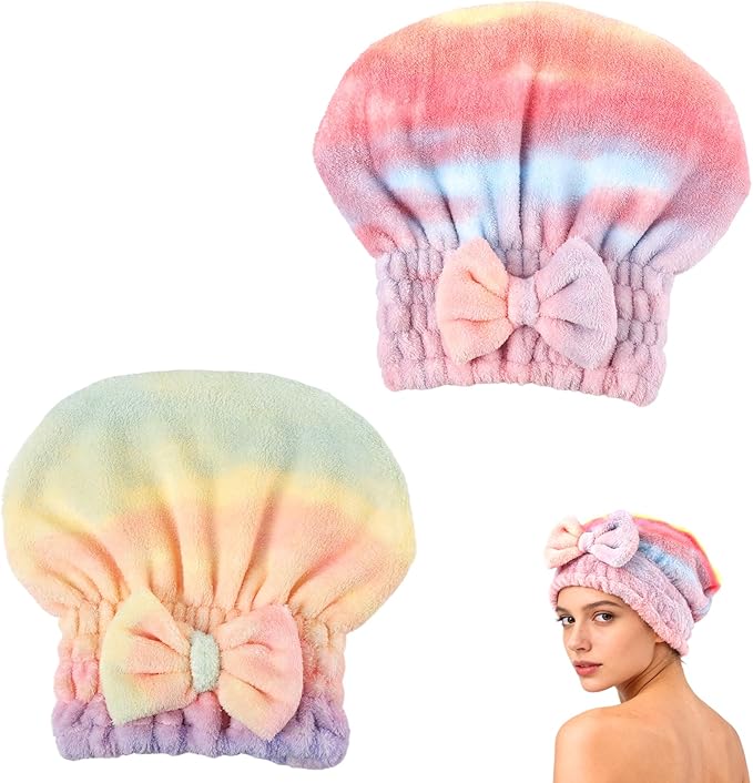 2Pcs Super Absorbent Hair Towel Wrap for Wet Hair, Microfiber Hair Drying Caps,New Fast Drying Hair Turban Wrap Towels Shower Cap for Girls and Women(Green+Pink)